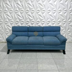 Sofa Biru Ruang Tamu 3 Dudukan Rangka Kayu Jati Kaki Besi